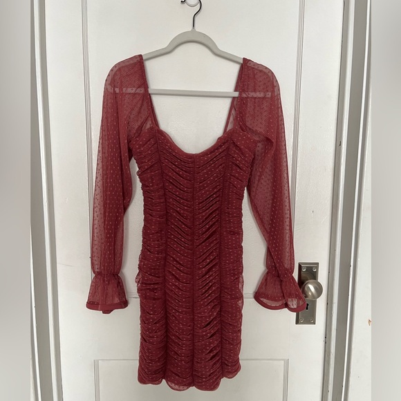 Revamped Ruched Mesh Red Burnt Orange Mini Dress With Puff Sleeves & Polla Dots - Picture 1 of 5